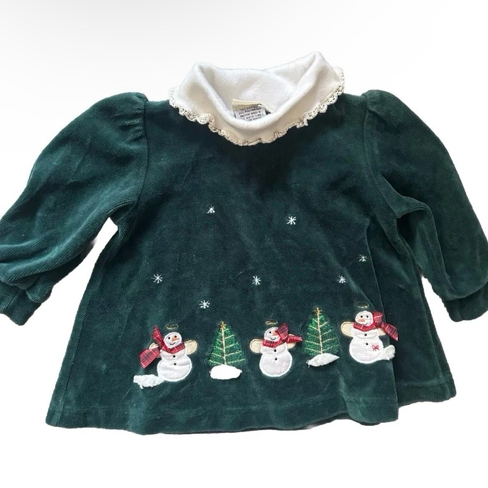 Vintage Rebecca Rags Original Snowman Christmas Green Velvet Top Size 9 Months